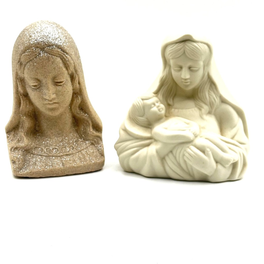 Vintage Virgin Mary Holding Jesus Ceramic‎ Bust and Virgin Mary Sand Art Bust